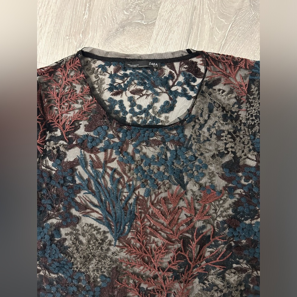 Zara Sz S Women’s Black Mesh Floral Embroidered Tulle Sheer Top - Picture 4 of 10
